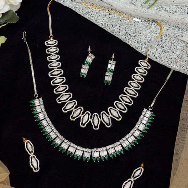 Dazzling Silver and Green Party Set for Rent - Rhodium Plated Necklace and Earrings Combo