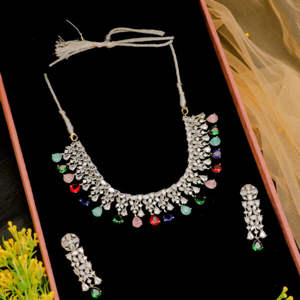 Beautiful American Diamond Set with Multicolor Stone for Rent - Necklace, Earrings