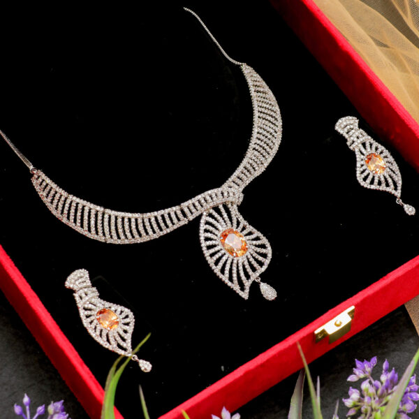 American Diamond Necklace with Beautiful Color Stone for Rent - Necklace, Earrings