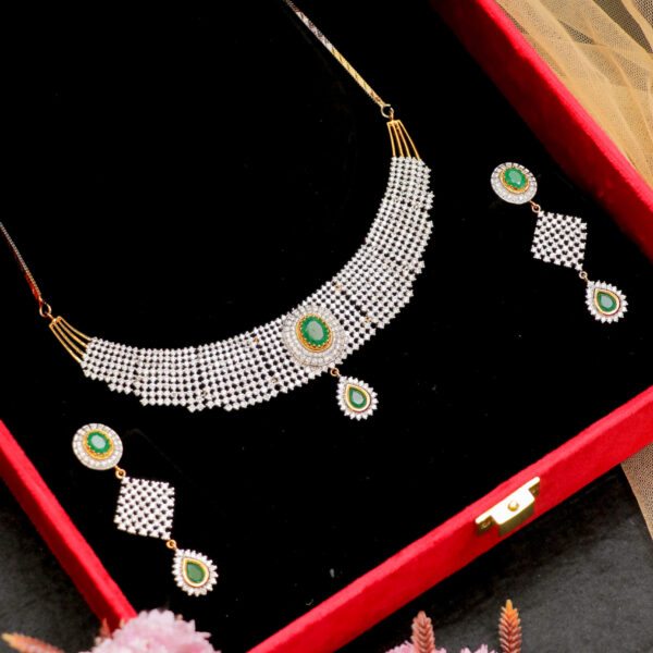 Classic Design American Diamond with Emerald Stone for Rent - Necklace, Earrings